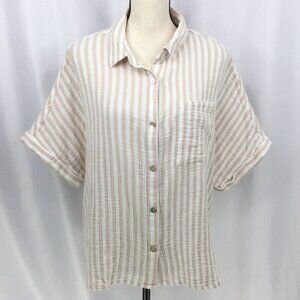 Angels Forever Young Top Womens Size 1X White Beige Striped Muslin Button Down